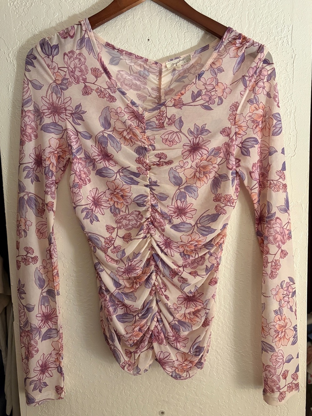 Shear Floral Ruched Long Sleeve Top - Lavender & Peach